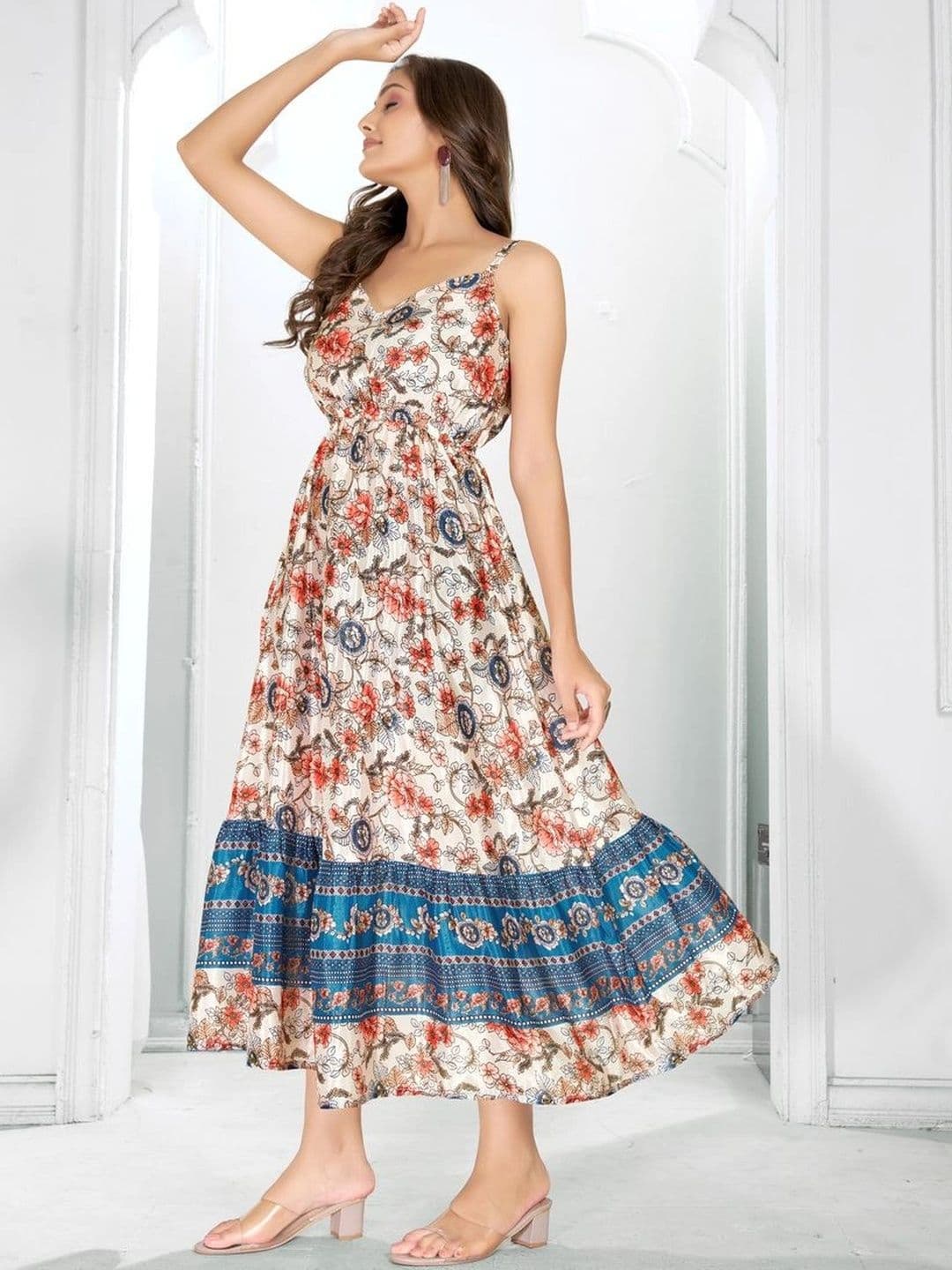 HR FASHION ZONE Printed V-Neck A-Line Midi Dress thumbnail 3