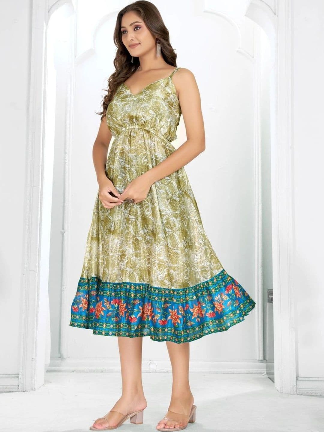 HR FASHION ZONE Printed V-Neck A-Line Midi Dress thumbnail 6