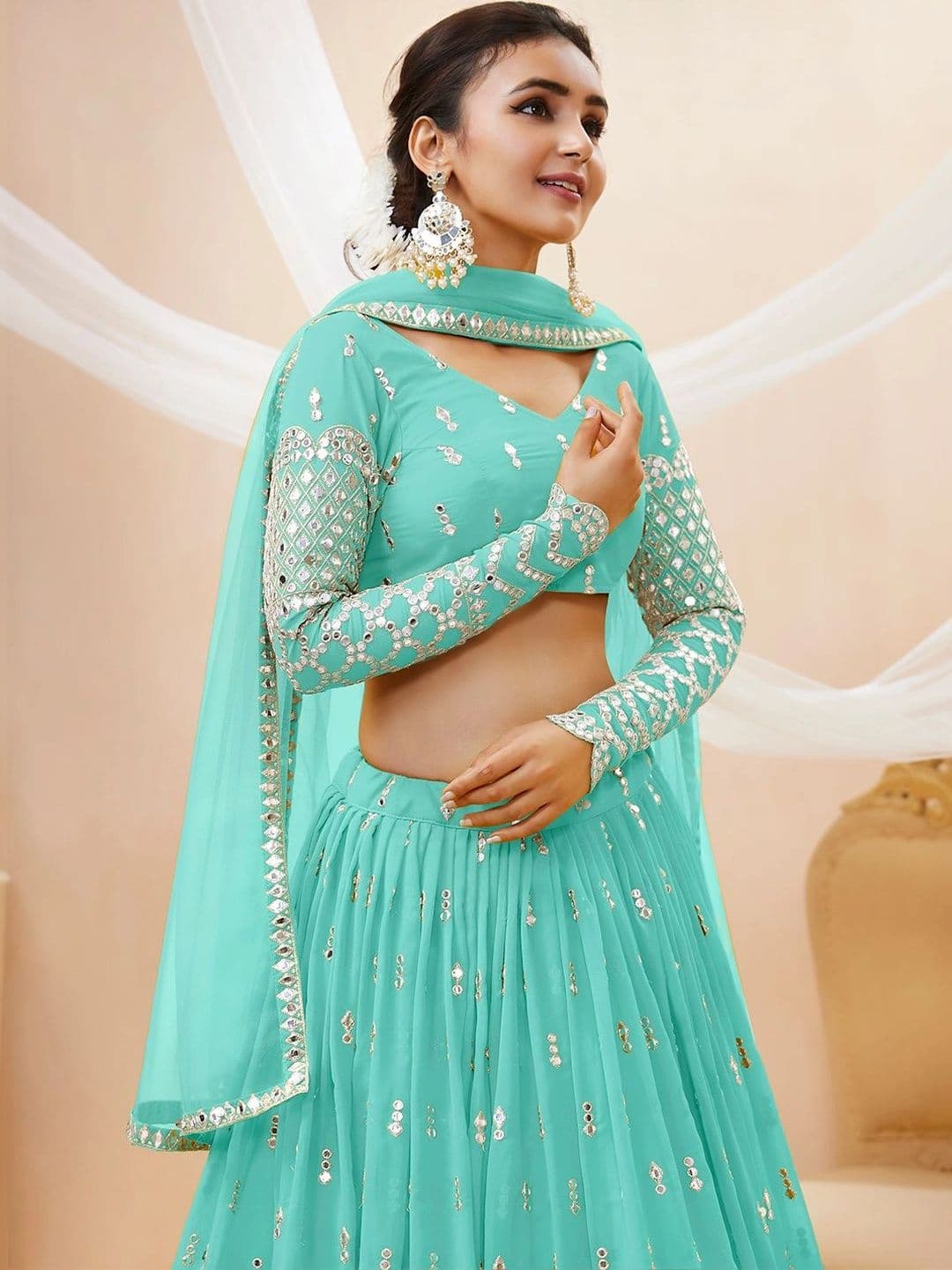 Zeel Clothing Embellished Mirror Work Semi-Stitched Lehenga & Unstitched Blouse With Dupatta thumbnail 4