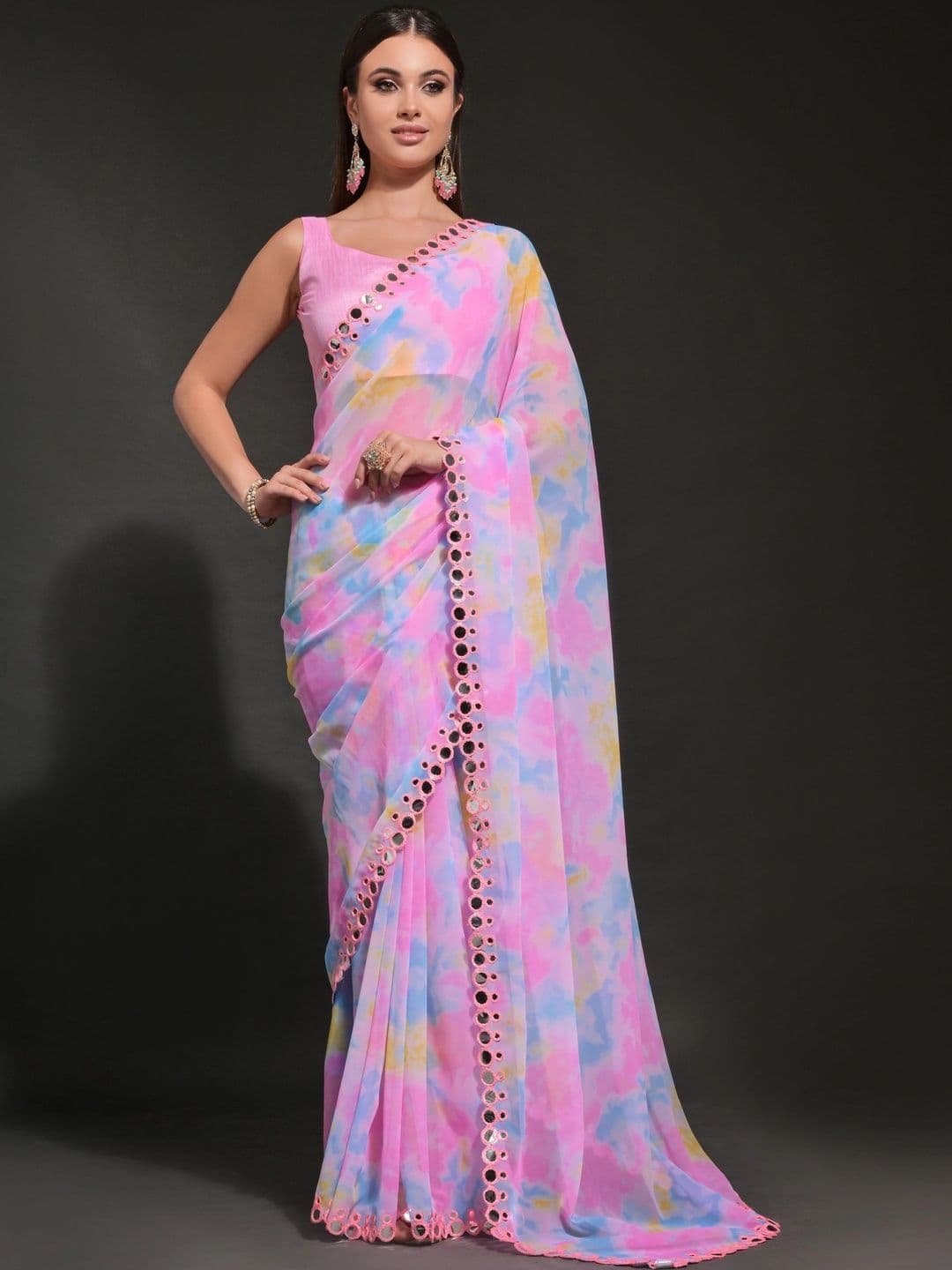Mitera Tie and Dye Mirror Work Pure Georgette Saree - view 1