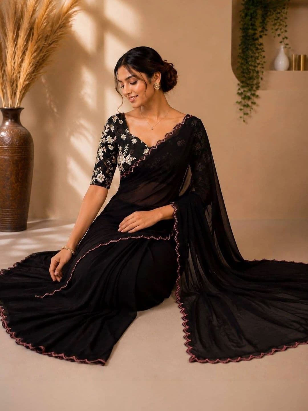 Vastra Drape Floral Embroidered Poly Georgette Saree - view 1