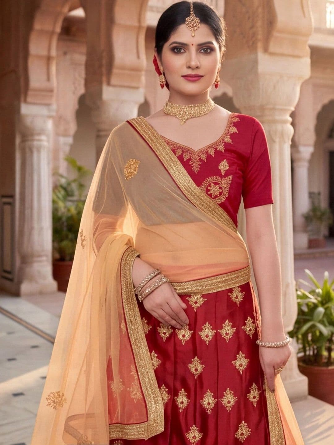 Sangria Embroidered Semi-Stitched Lehenga & Unstitched Blouse With Dupatta thumbnail 5