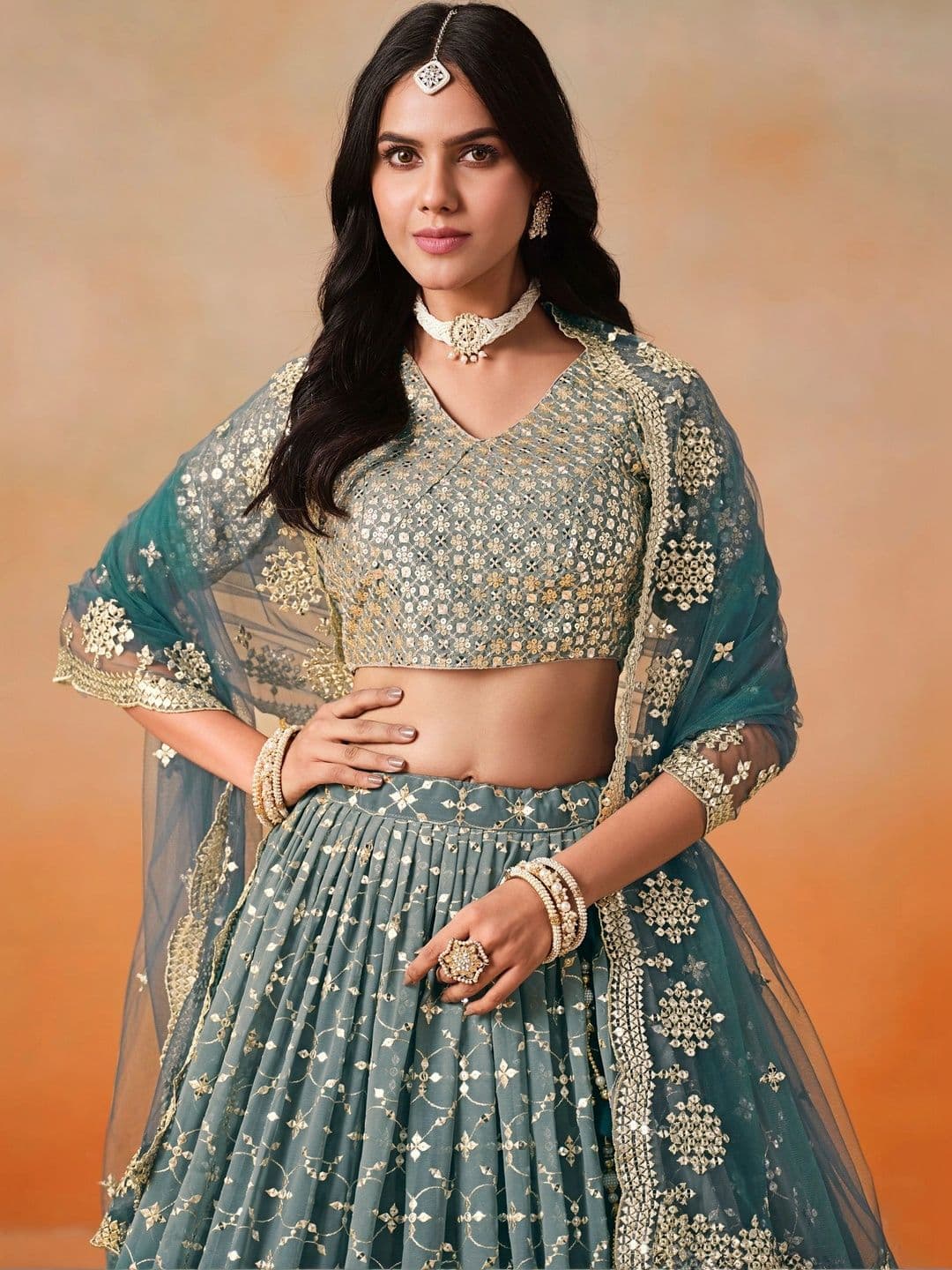 Zeel Clothing Embellished Sequinned Semi-Stitched Lehenga & Unstitched Blouse With Dupatta thumbnail 5