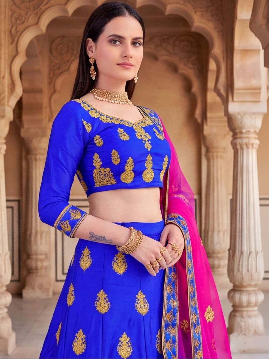 Sangria Embroidered Semi-Stitched Lehenga & Unstitched Blouse With Dupatta thumbnail 5