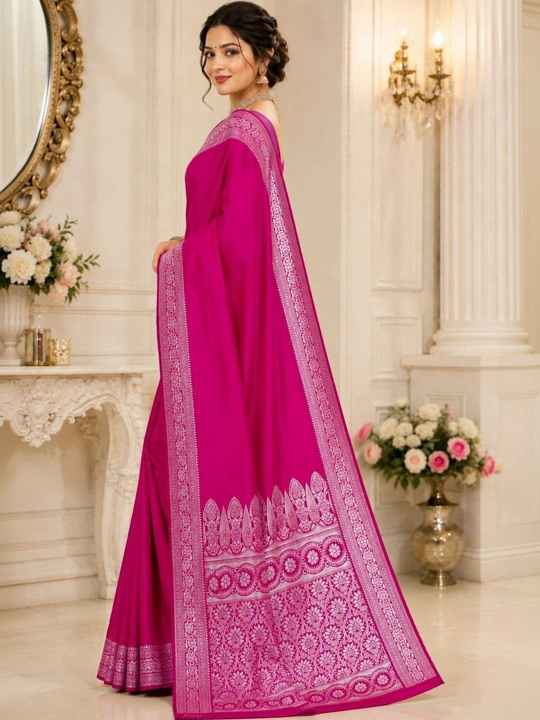 Prisan Women Rani Kumkum Woven Banarasi Soft Silk Saree with Unstitched Blouse thumbnail 3