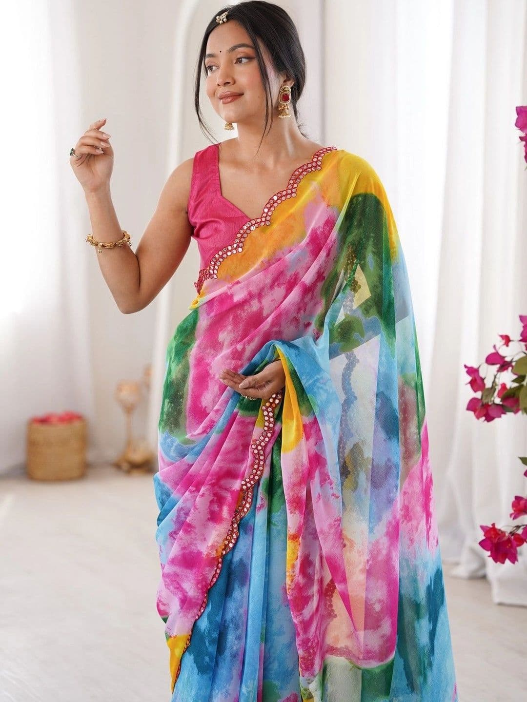 Mitera Tie and Dye Mirror Work Poly Georgette Saree thumbnail 5