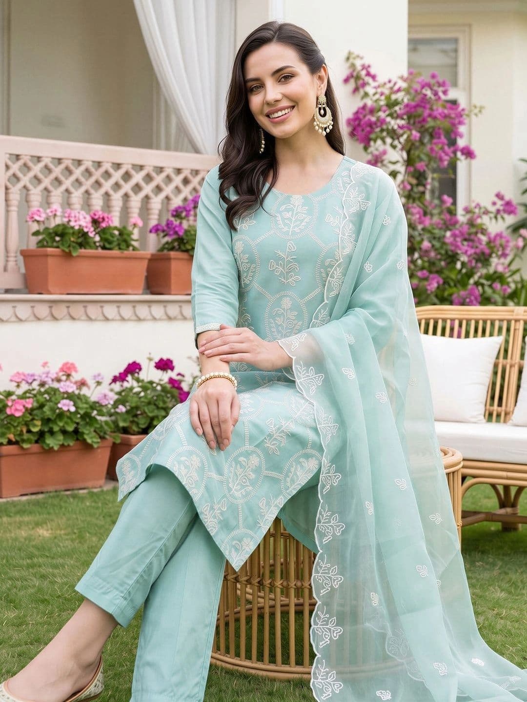 Indo Era Women Ethnic Motifs Embroidered Regular Thread Work Kurta with Trousers & With Dupatta - view 1