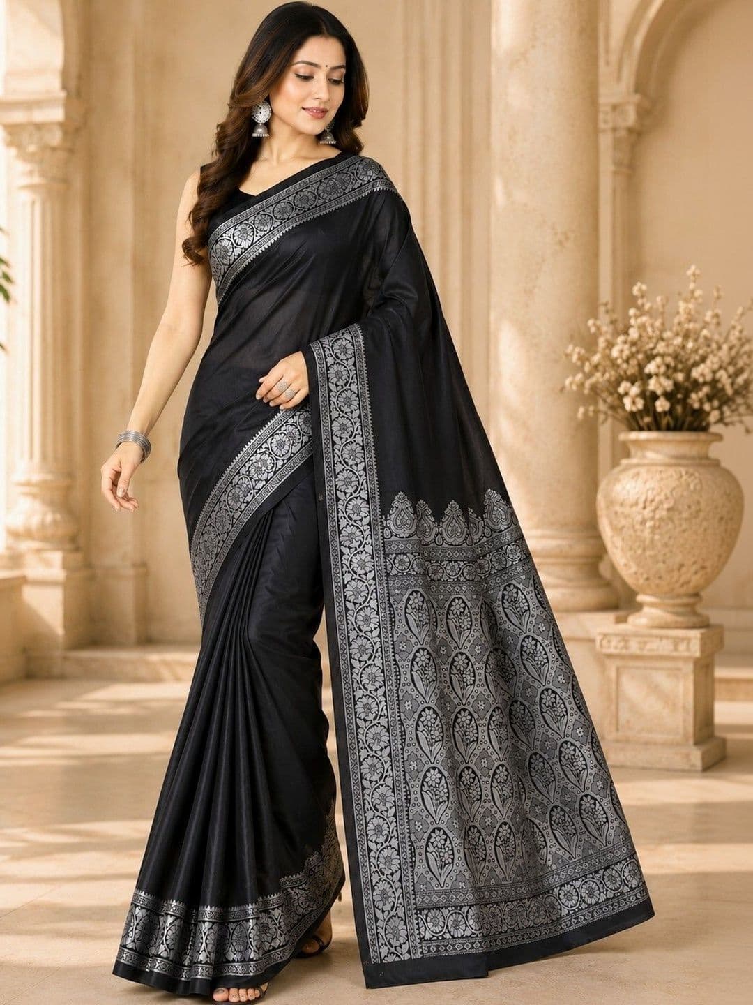 Prisan Women Black Woven Banarasi Soft Silk Saree with Unstitched Blouse thumbnail 6