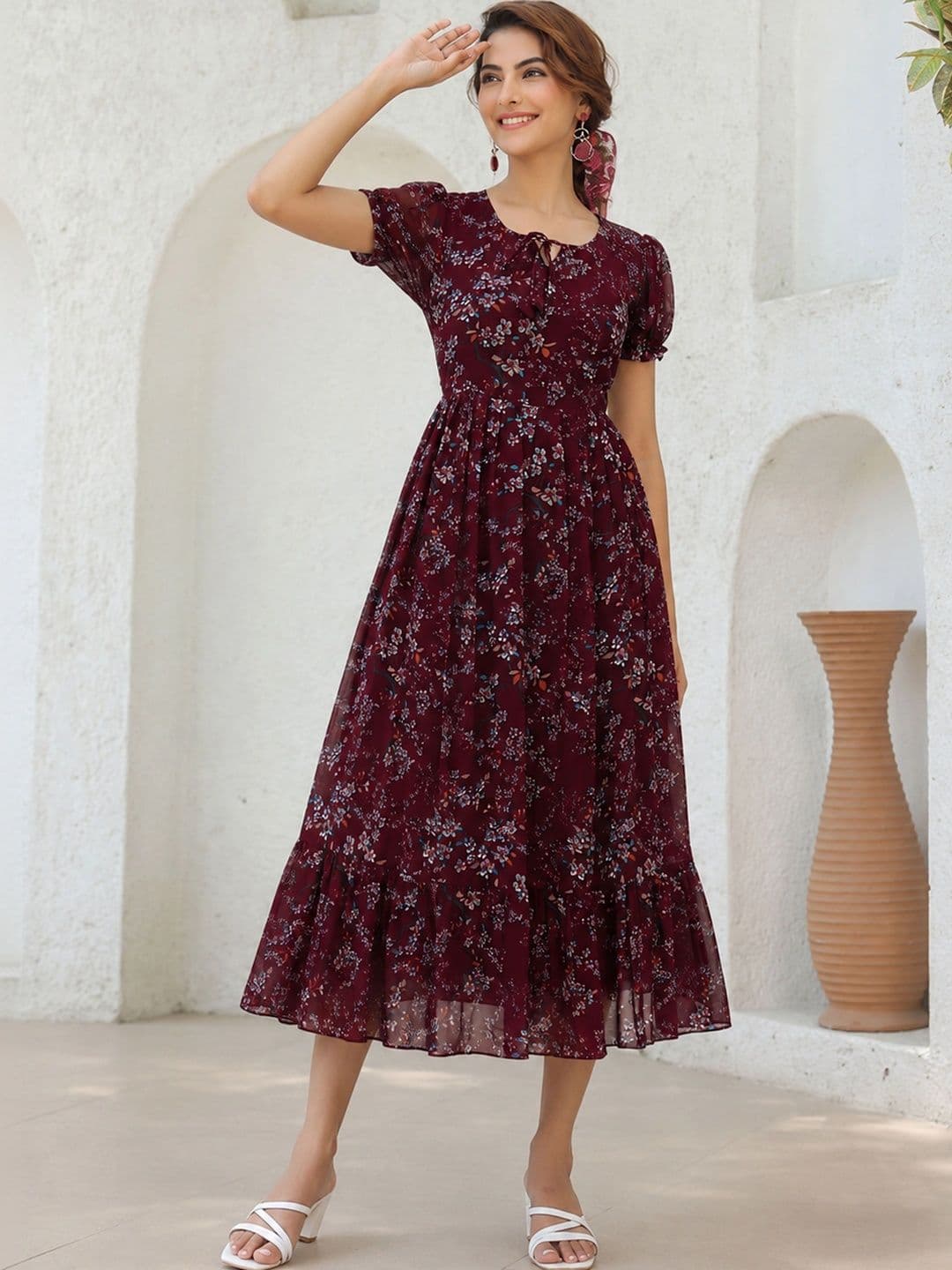 QENA Floral Print Puff Sleeve Georgette A-Line Midi Dress thumbnail 6
