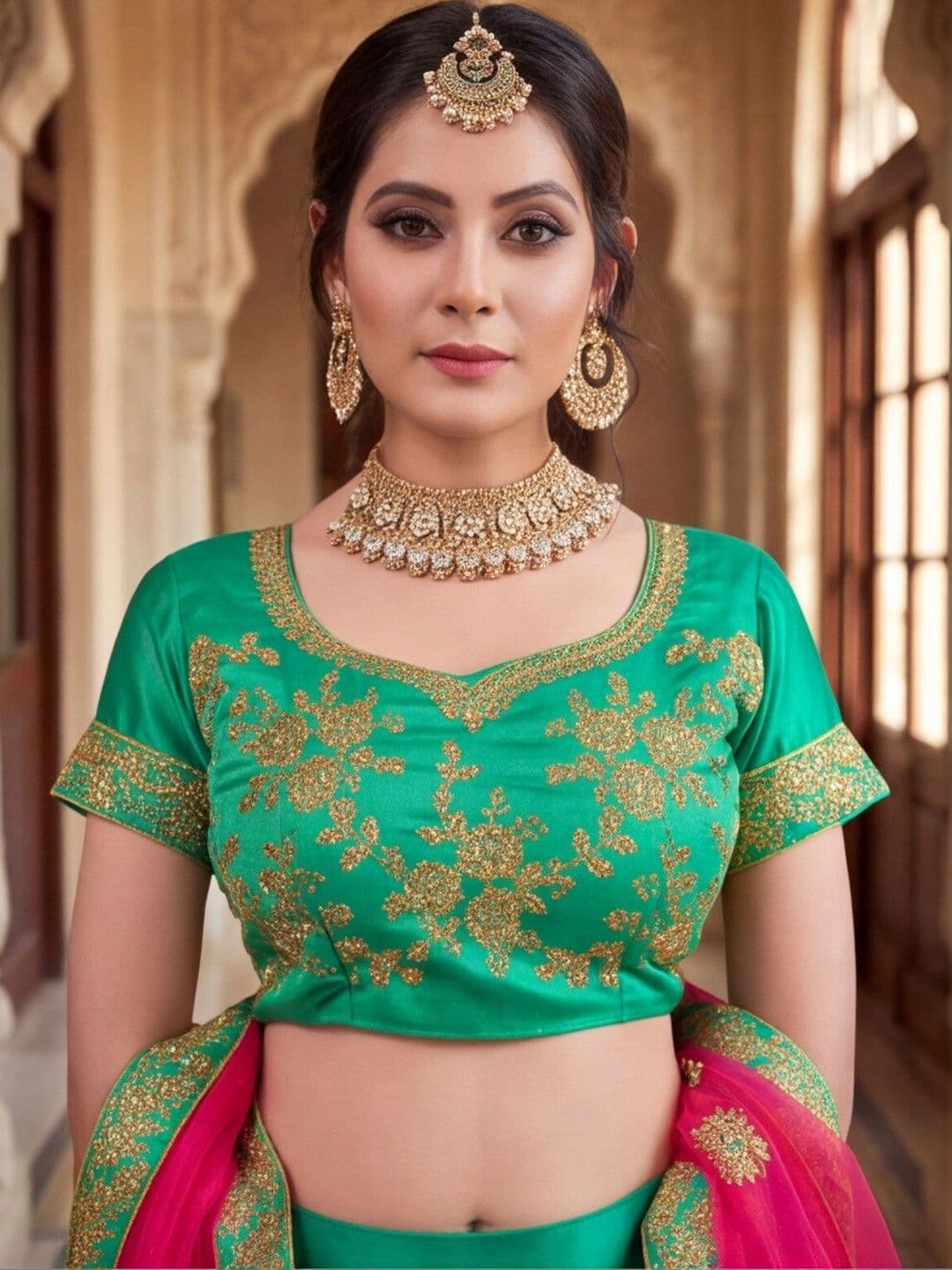 Sangria Embellished Semi-Stitched Lehenga & Unstitched Blouse With Dupatta thumbnail 2