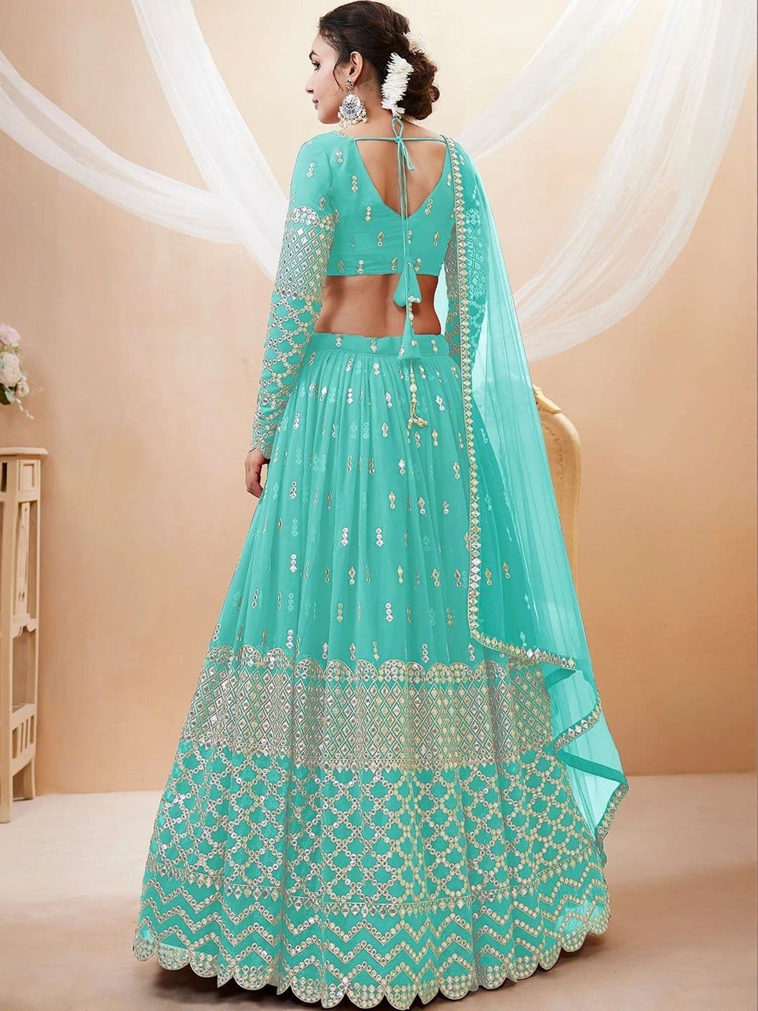 Zeel Clothing Embellished Mirror Work Semi-Stitched Lehenga & Unstitched Blouse With Dupatta thumbnail 5