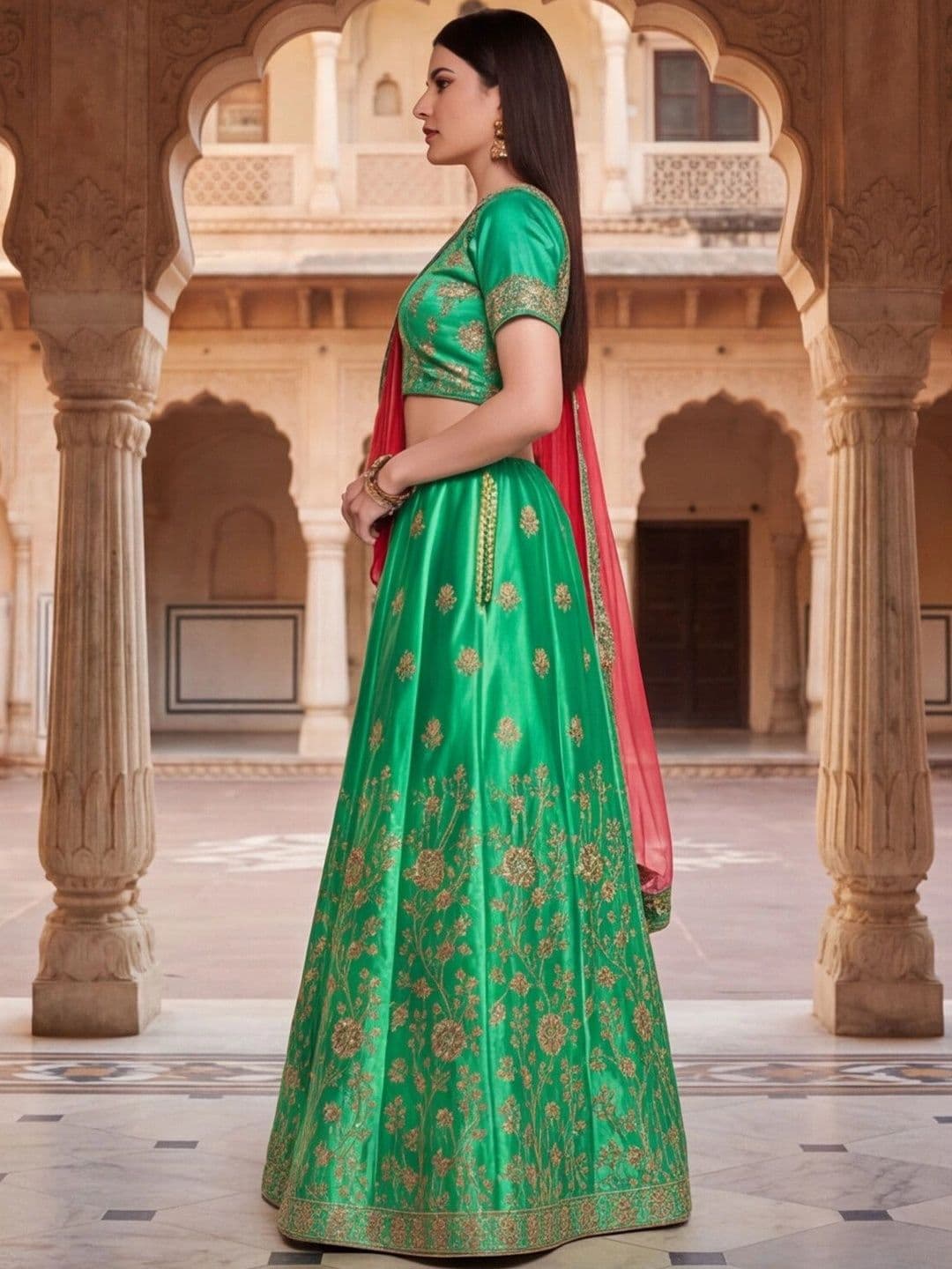 Sangria Embroidered Thread Work Semi-Stitched Lehenga & Unstitched Blouse With Dupatta thumbnail 4