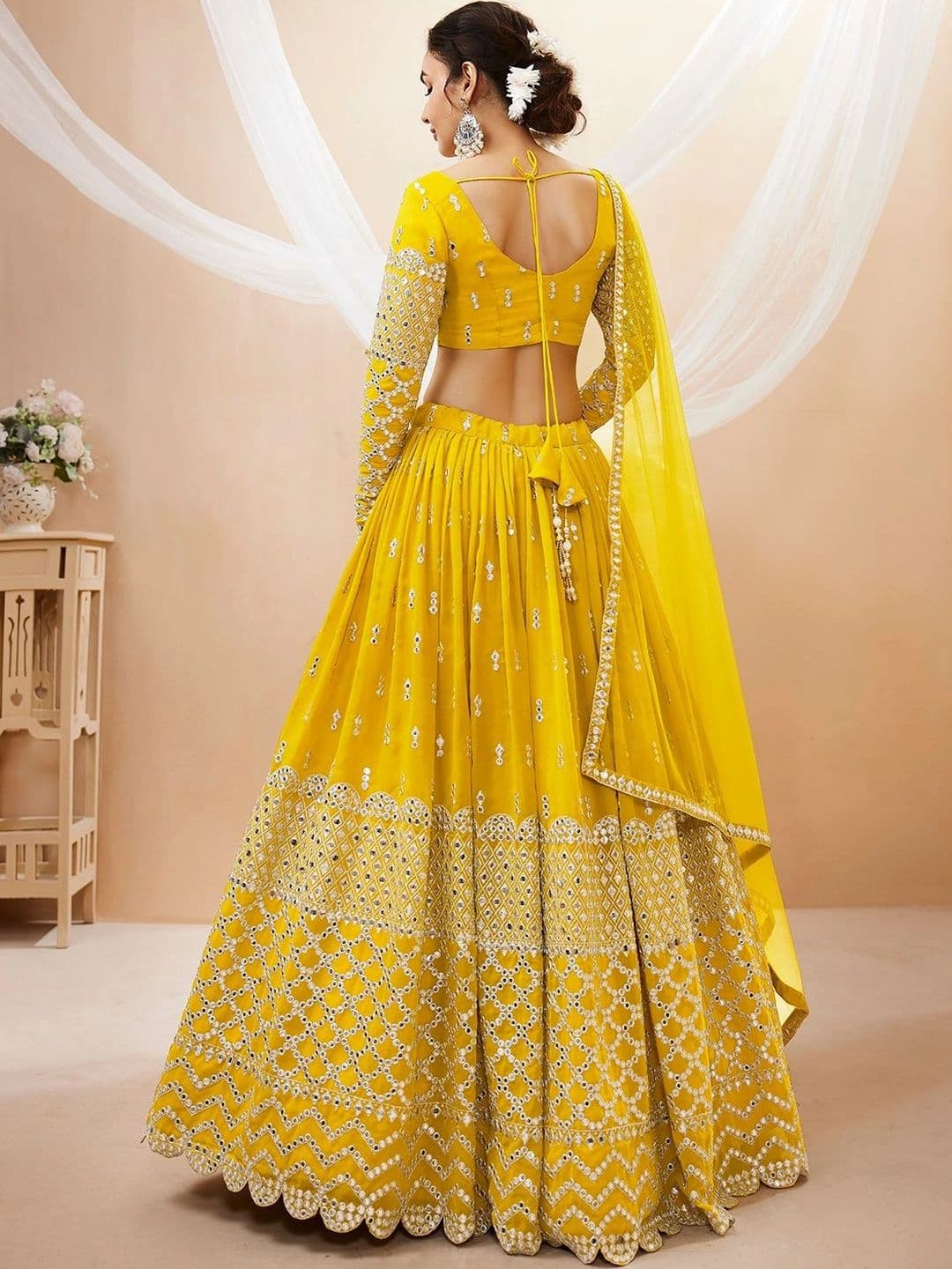 Zeel Clothing Embellished Mirror Work Semi-Stitched Lehenga & Unstitched Blouse With Dupatta thumbnail 4