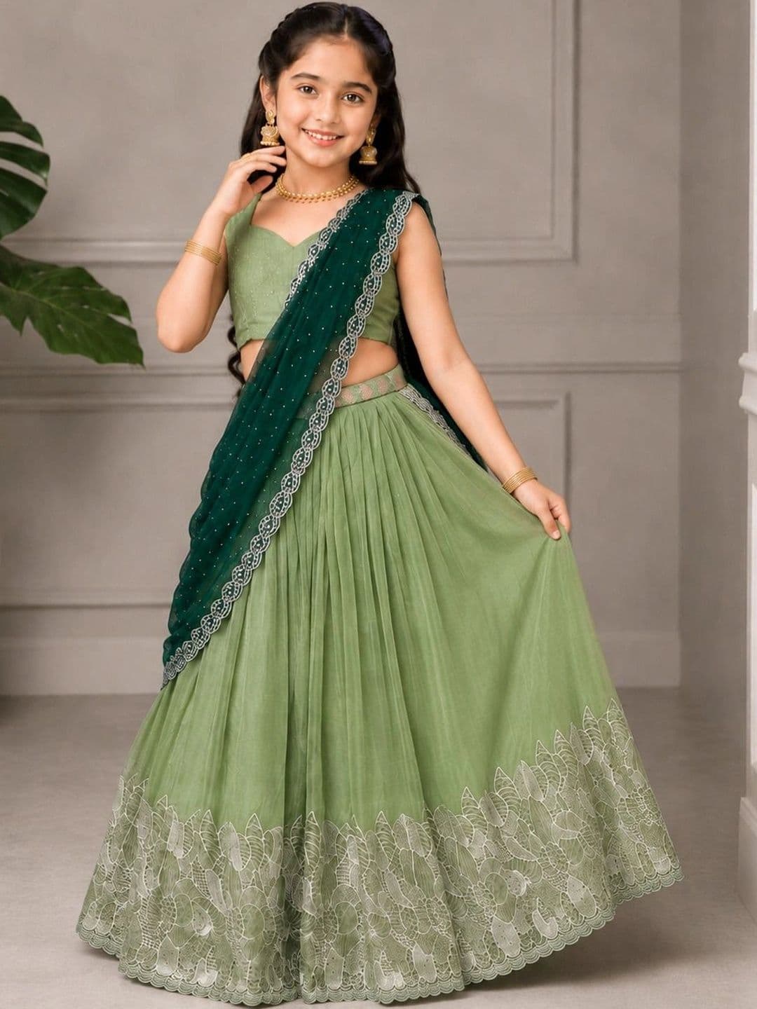 DEVANGI VASTRA Girls Thread Work Ready to Wear Lehenga & Unstitched Blouse With Dupatta thumbnail 3