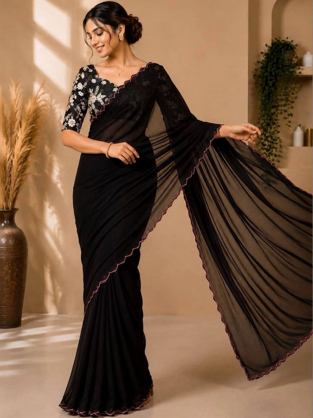 Vastra Drape Floral Embroidered Poly Georgette Saree - view 1
