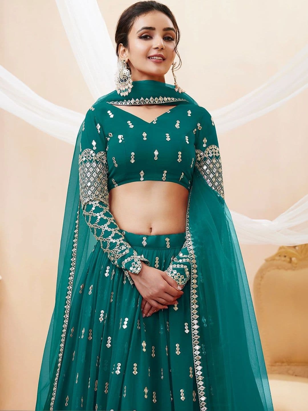 Zeel Clothing Embellished Mirror Work Semi-Stitched Lehenga & Unstitched Blouse With Dupatta thumbnail 6