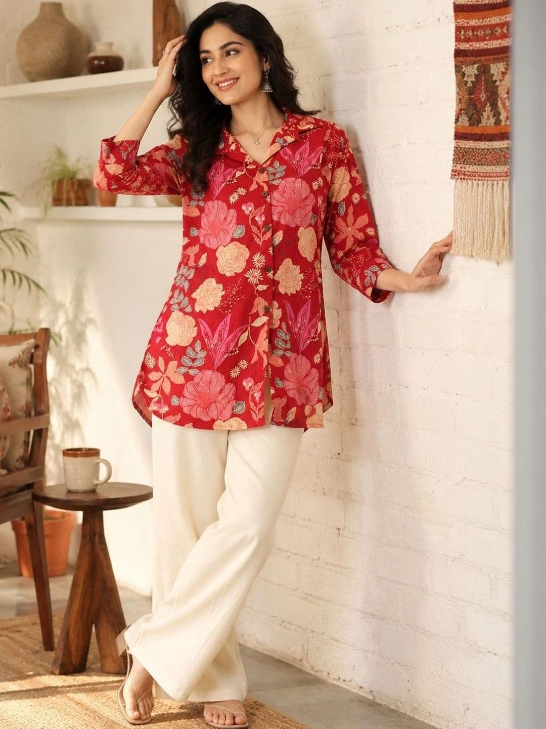 FERANOID Floral Printed Shirt Collar Pure Cotton Blend Kurti thumbnail 3