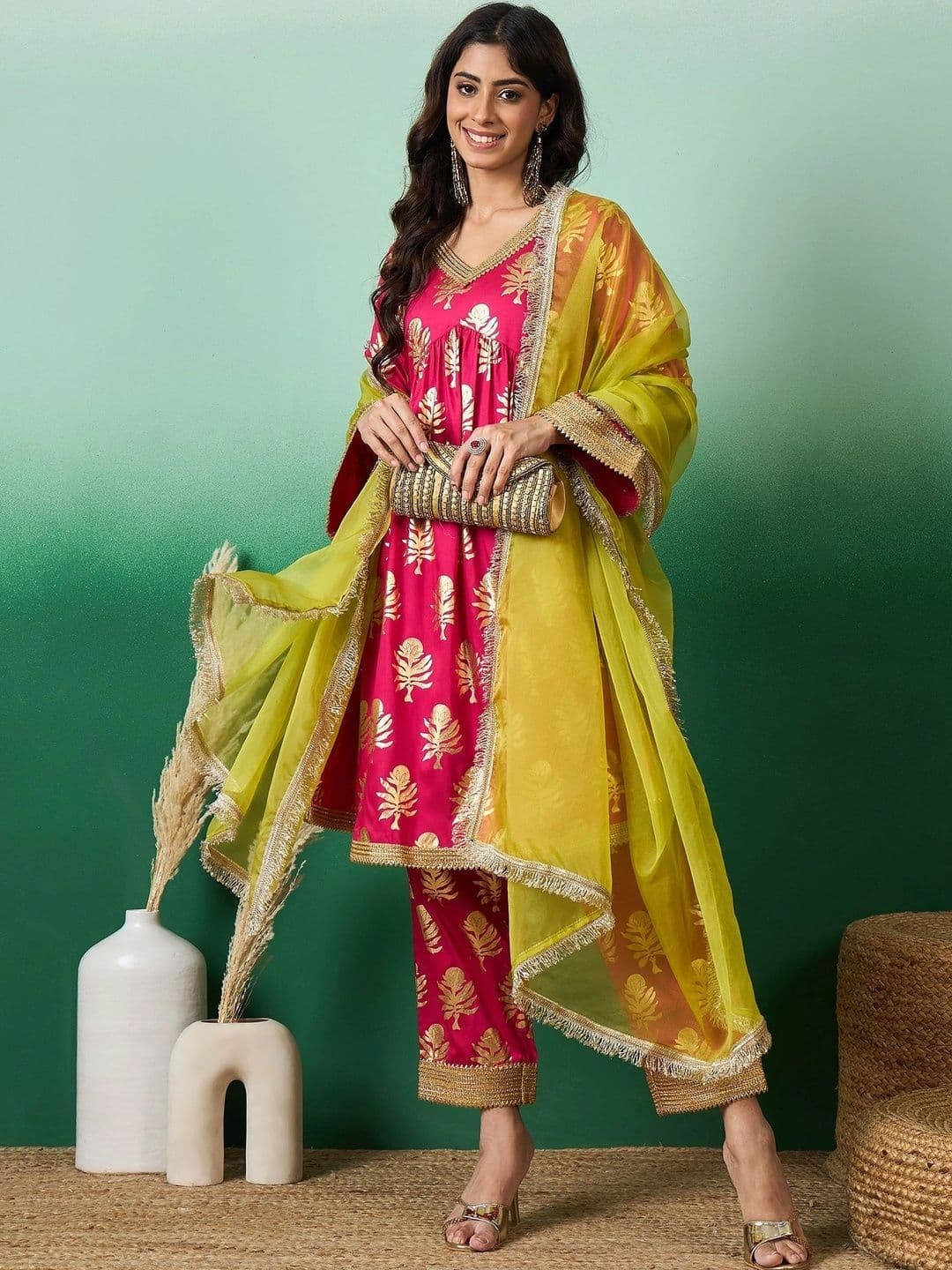 Sangria Women's Polyester Printed V-Neck Anarkali Kurta Set With Dupatta thumbnail 3
