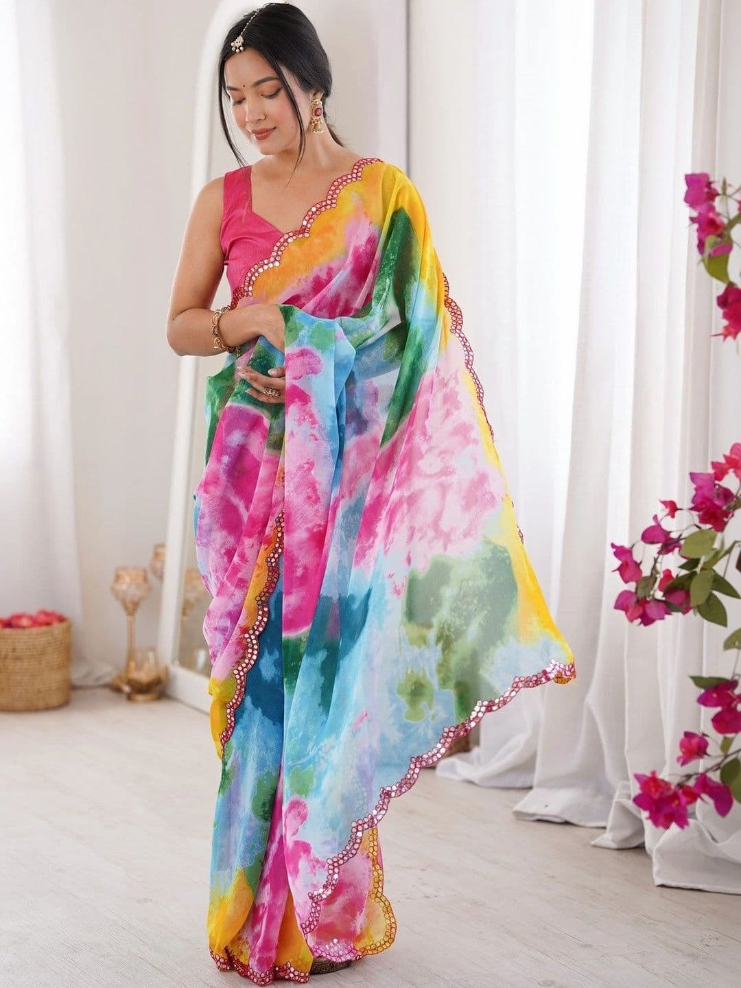 Mitera Tie and Dye Mirror Work Poly Georgette Saree thumbnail 4