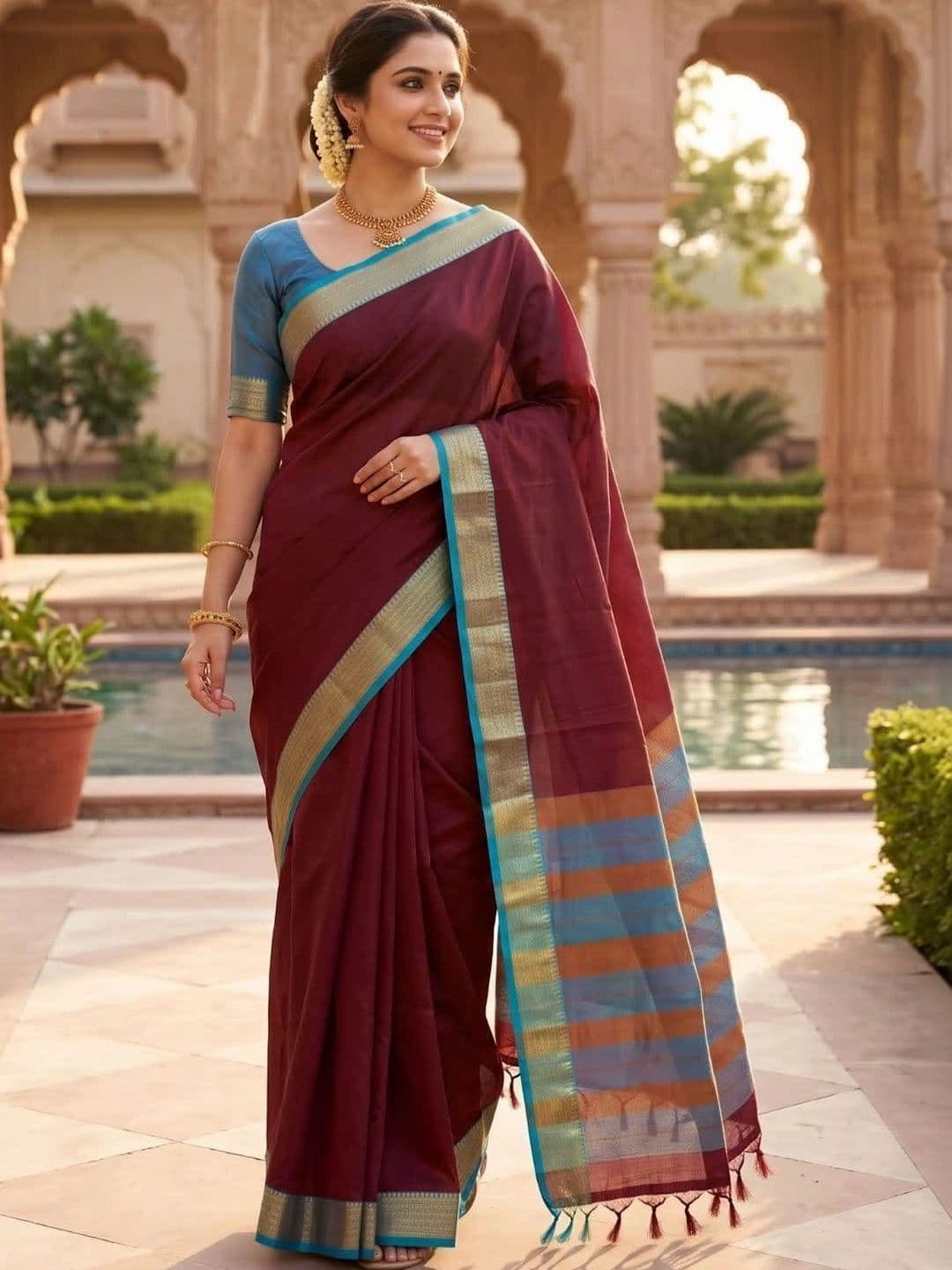 SPEEDY INDIAN Striped Zari Silk Cotton Handloom Chanderi Saree thumbnail 3