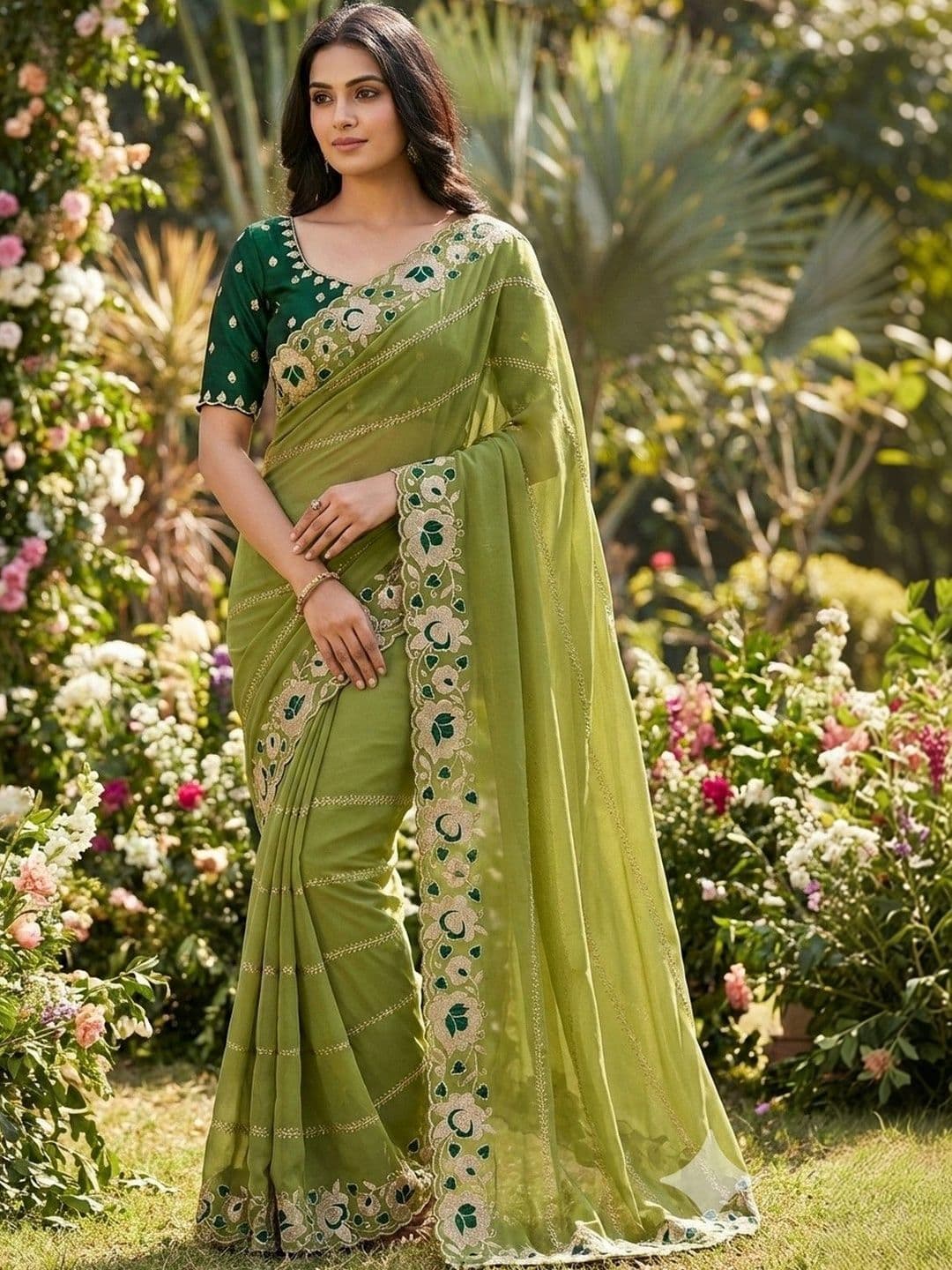 Sangria Embellished Embroidered Pure Georgette Heavy Work Saree - view 1