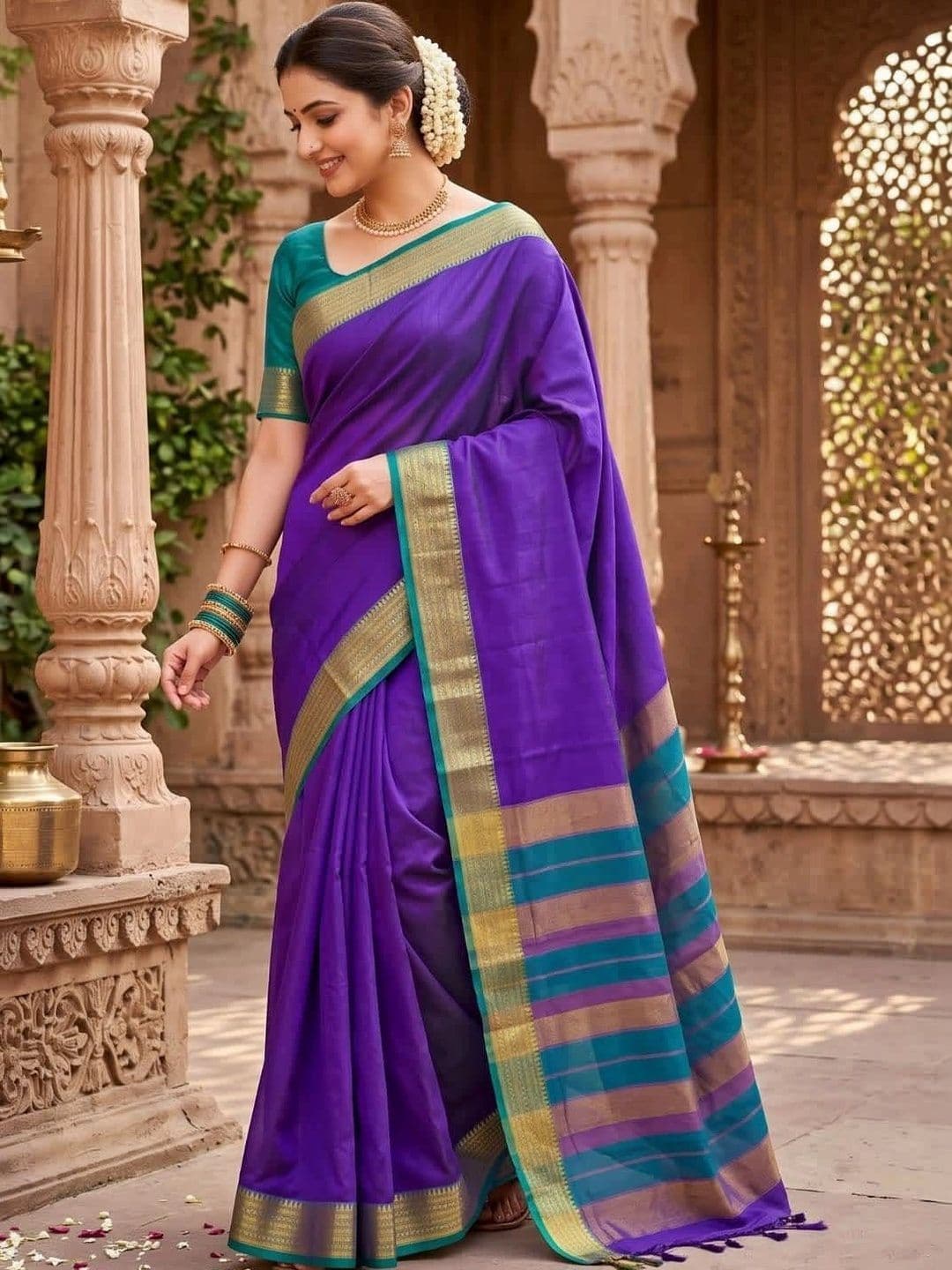 SPEEDY INDIAN Striped Zari Silk Cotton Handloom Chanderi Saree - view 1