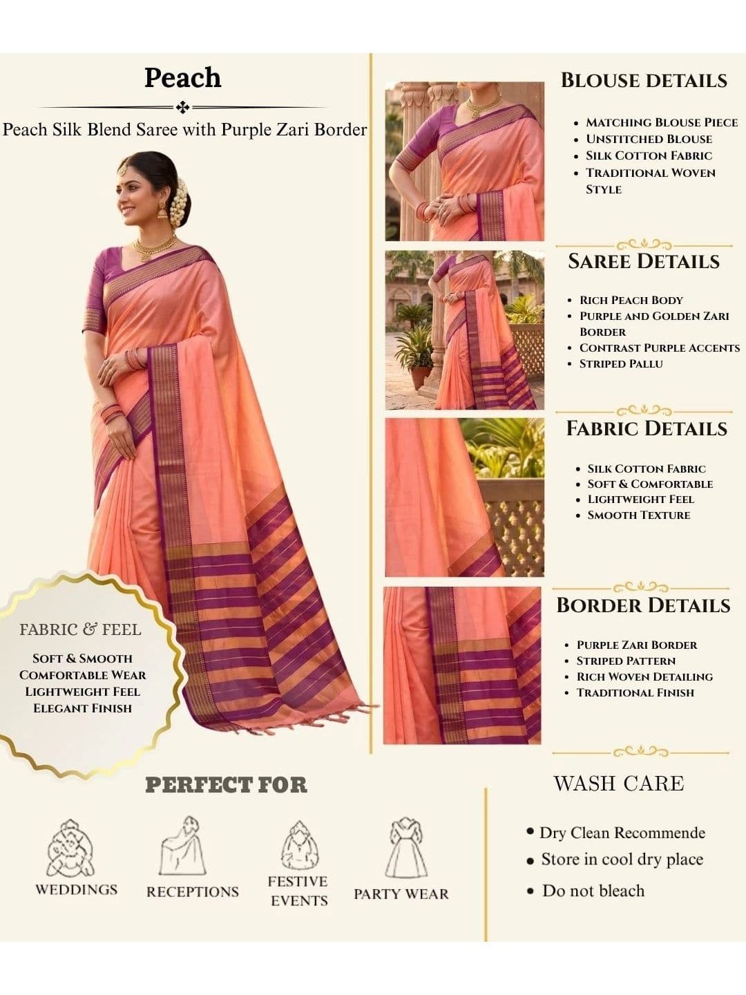 SPEEDY INDIAN Striped Zari Silk Cotton Handloom Chanderi Saree thumbnail 2
