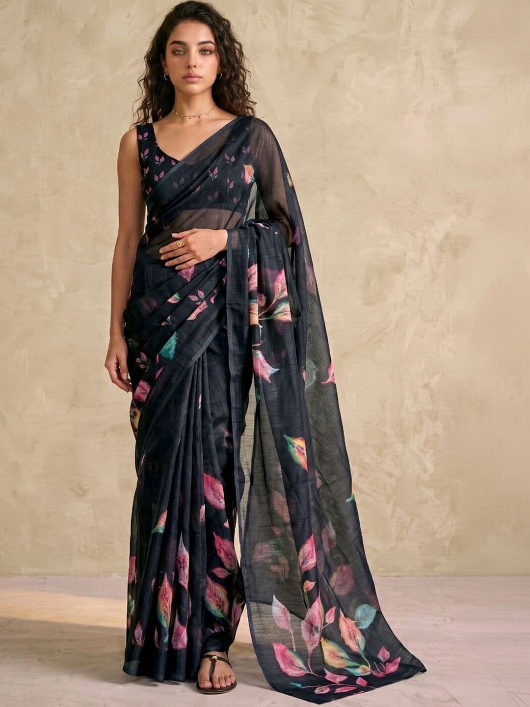 SAARA Printed Black Linen Ready to wear saree With Unstiched Blouse thumbnail 5