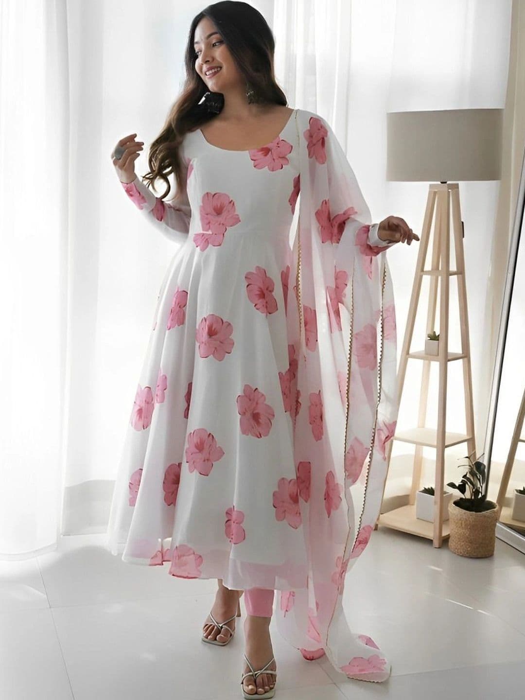 JS CREATIVE Floral Print Georgette A-Line Maxi Dress thumbnail 5
