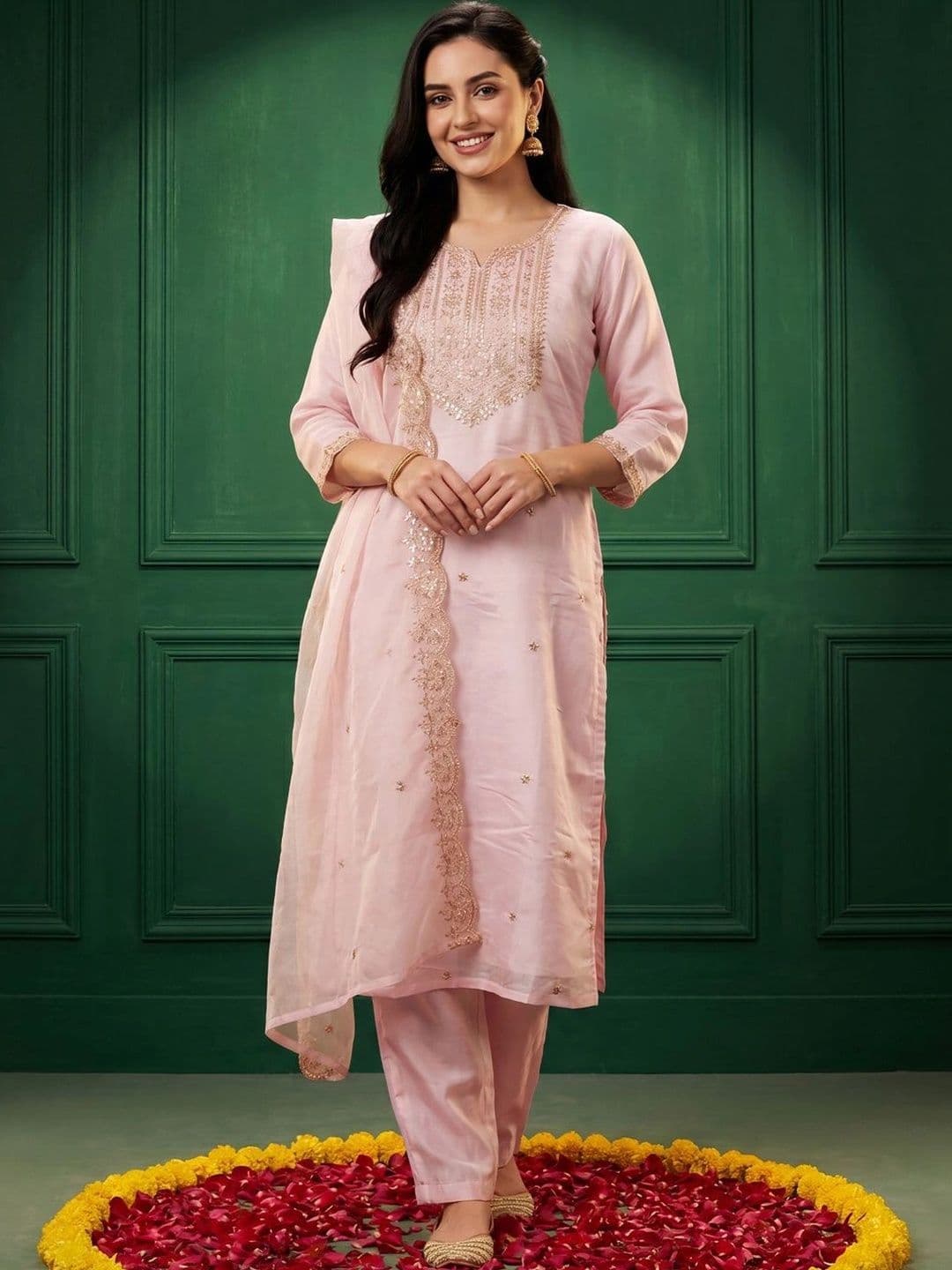 Indo Era Women Ethnic Motifs Embroidered Regular Sequinned Kurta with Trousers & With Dupatta thumbnail 3