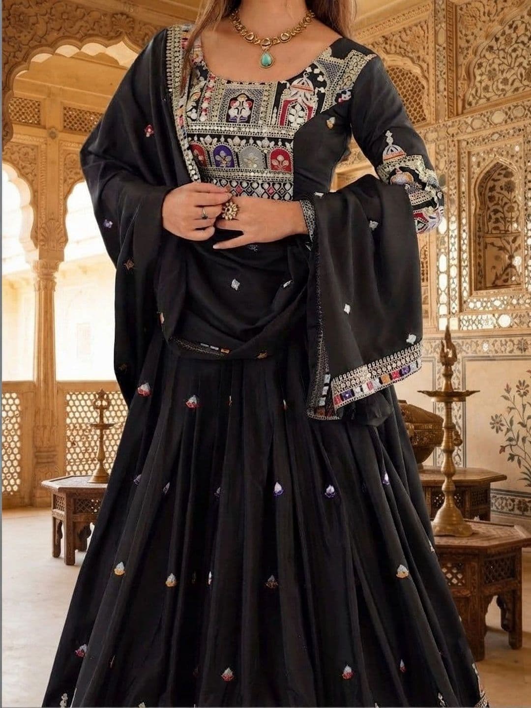 Anouk Embroidered Mirror Work Semi-Stitched Lehenga & Blouse With Dupatta thumbnail 4