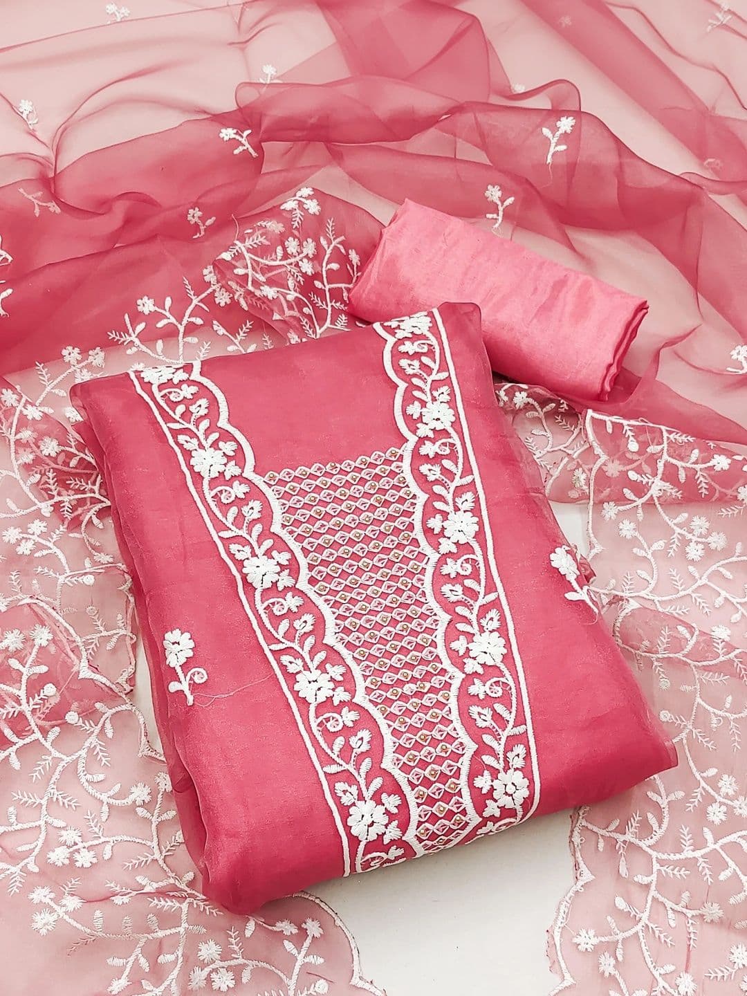 HERE&NOW Embroidered Organza Semi-Stitched Dress Material thumbnail 6