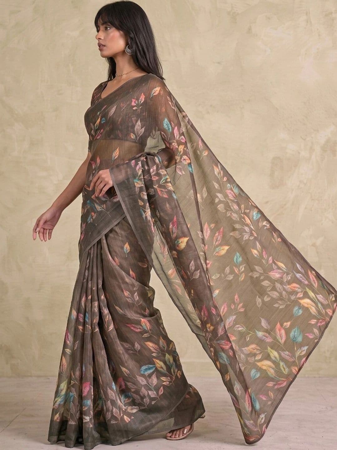 SAARA Printed Dark Olive Green Linen Ready to wear saree With Unstiched Blouse thumbnail 6