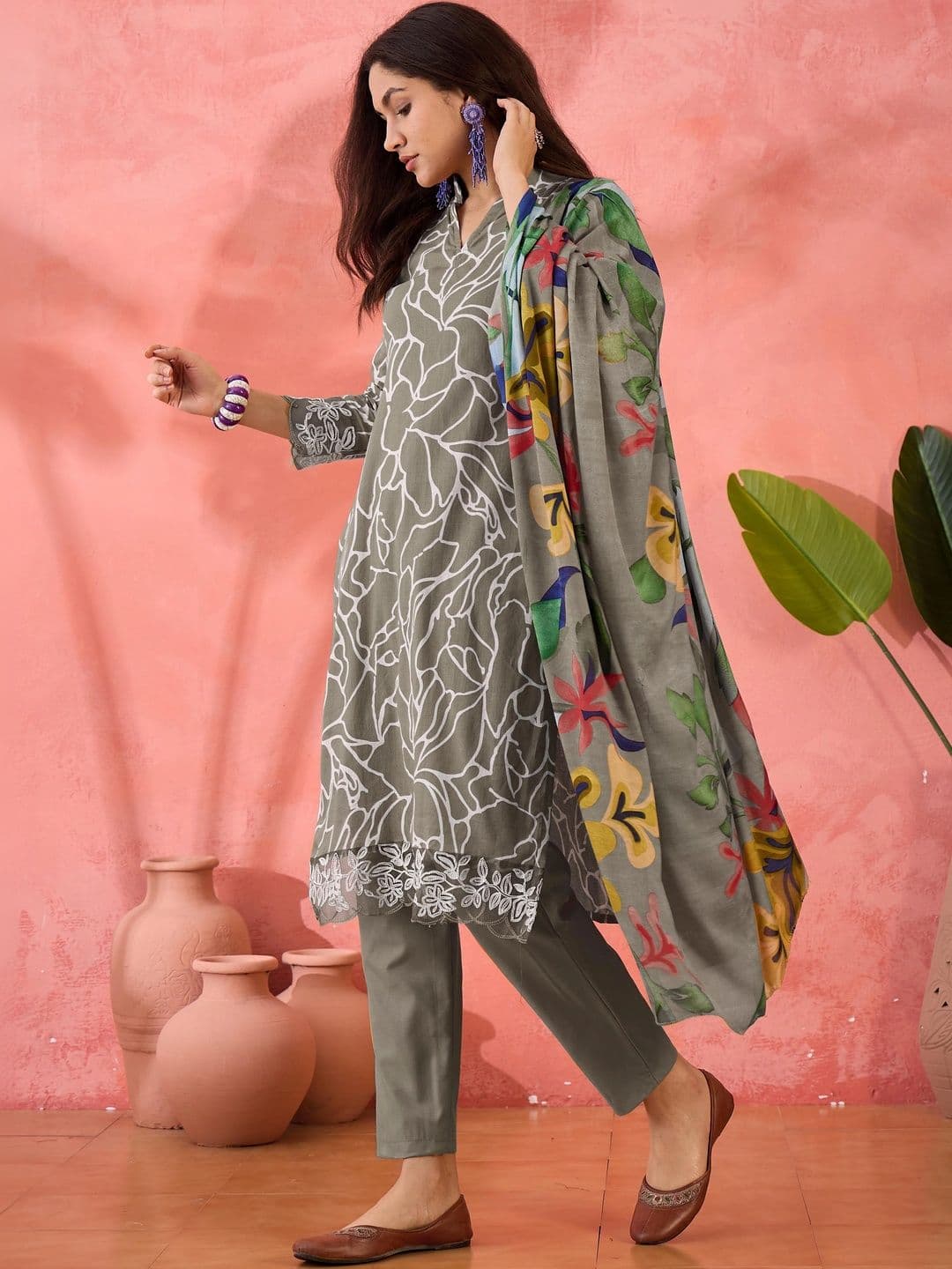 HERE&NOW Printed Pure Cotton Semi-Stitched Dress Material thumbnail 2