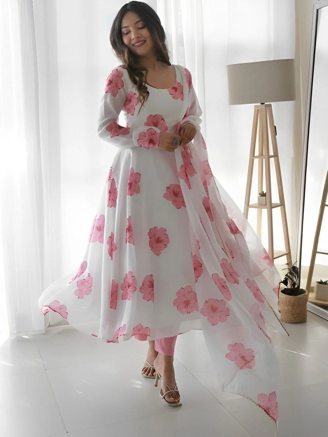 JS CREATIVE Floral Print Georgette A-Line Maxi Dress thumbnail 2