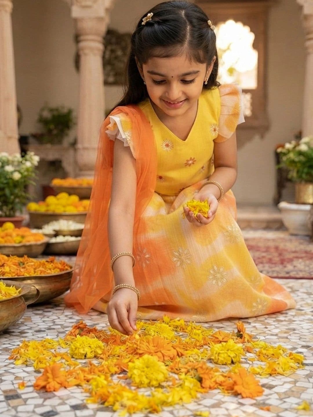 Here&Now X Kinder Kids Girls Yellow & Orange Embroidered Ready to Wear Lehenga & Blouse With Dupatta thumbnail 6
