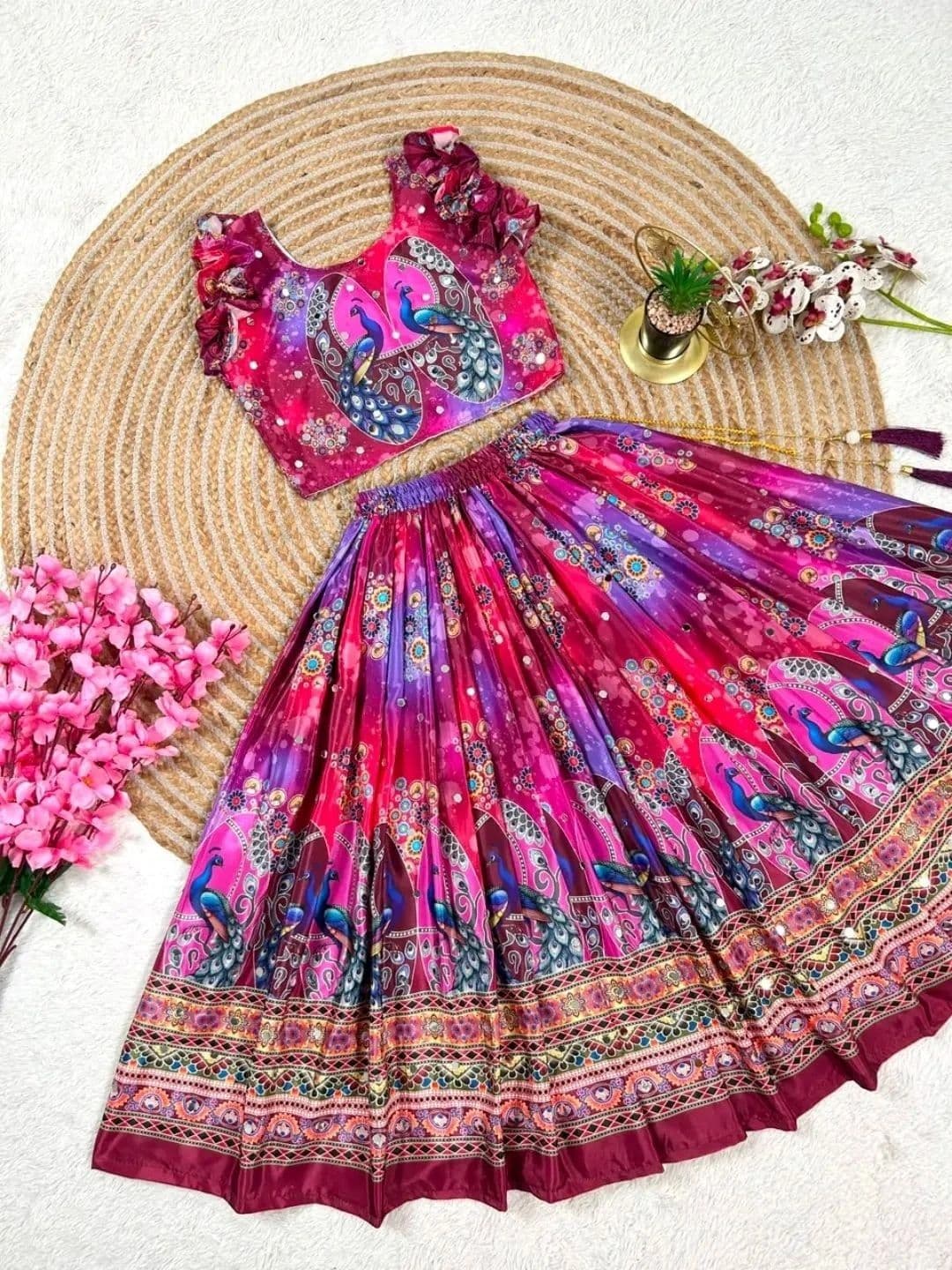 Sangria Girls Printed Mirror Work Ready to Wear Lehenga & Blouse With Dupatta thumbnail 3