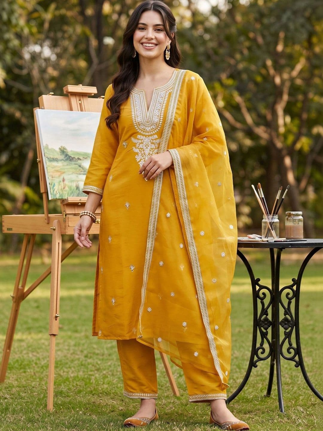 Indo Era Women Ethnic Motifs Embroidered Regular Thread Work Kurta with Trousers & With Dupatta thumbnail 3