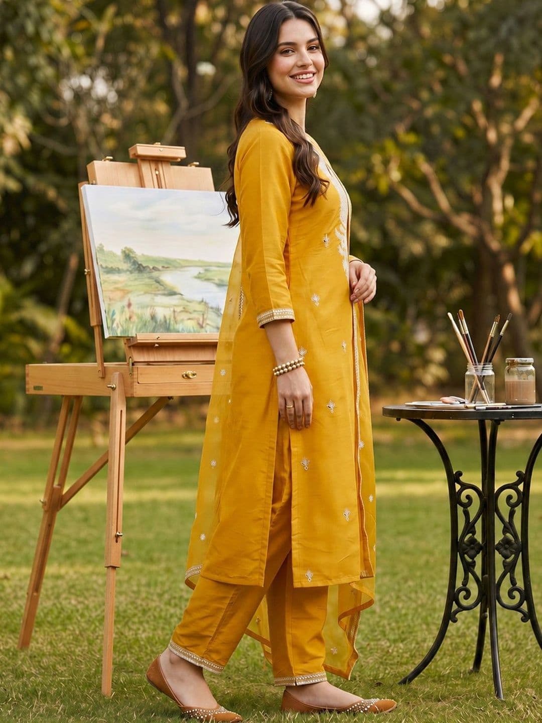 Indo Era Women Ethnic Motifs Embroidered Regular Thread Work Kurta with Trousers & With Dupatta thumbnail 4