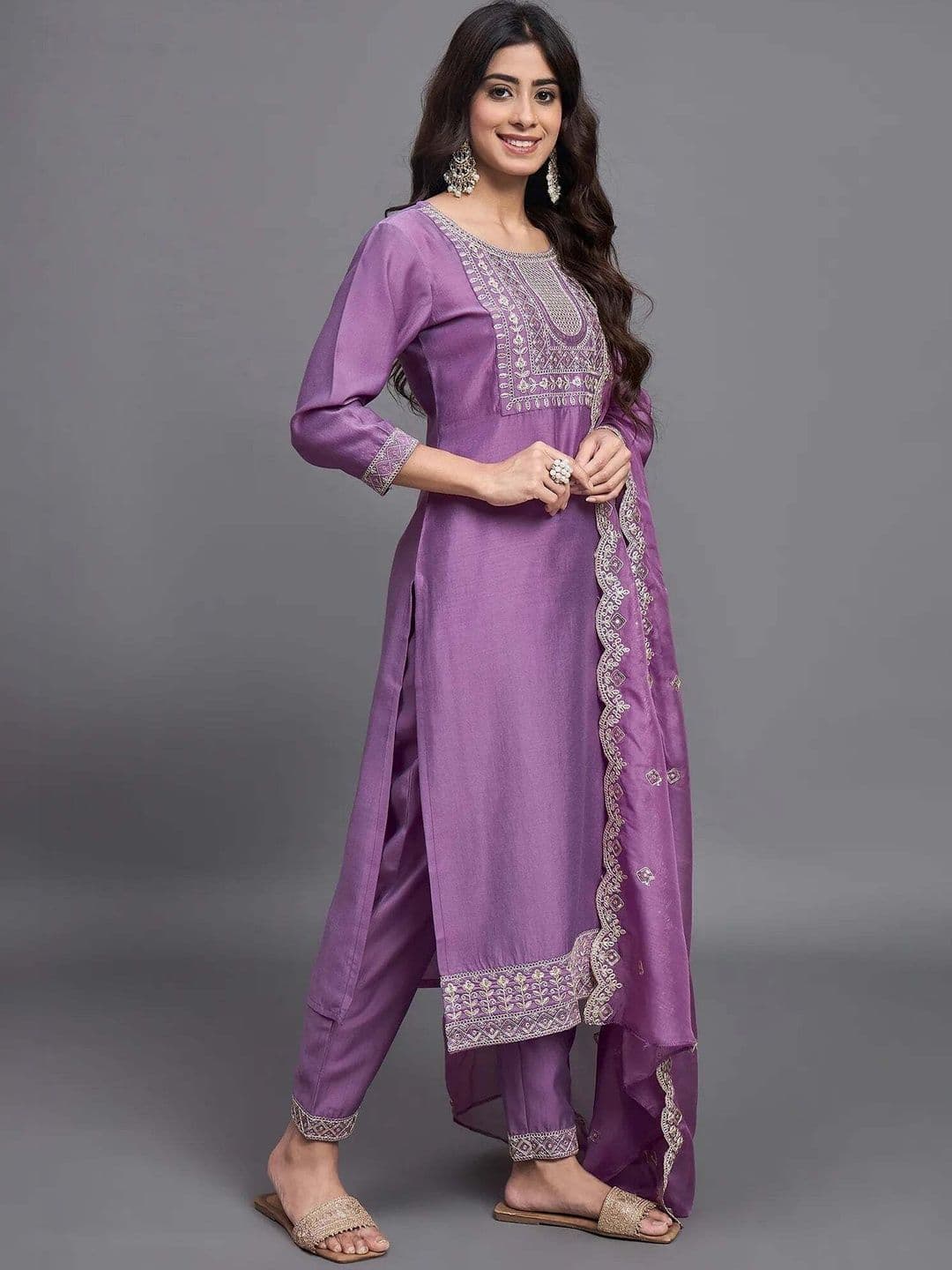 Shree Ramkrishna Fab Women Ethnic Motifs Embroidered Regular Kurta with Trousers & With Dupatta thumbnail 4