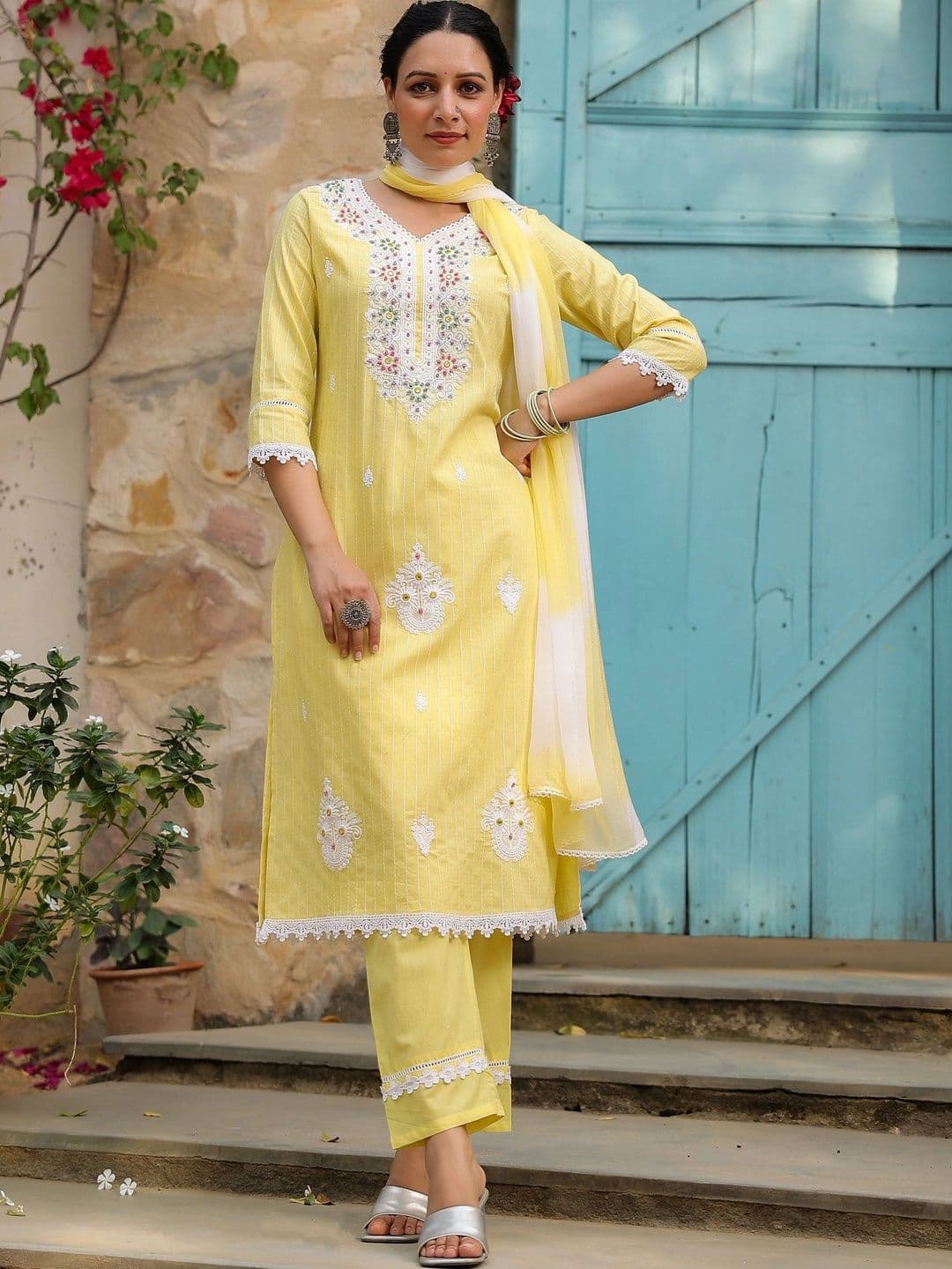 Bairaas Women Embroidered Pure Cotton Kurta with Trousers And Dupatta thumbnail 7