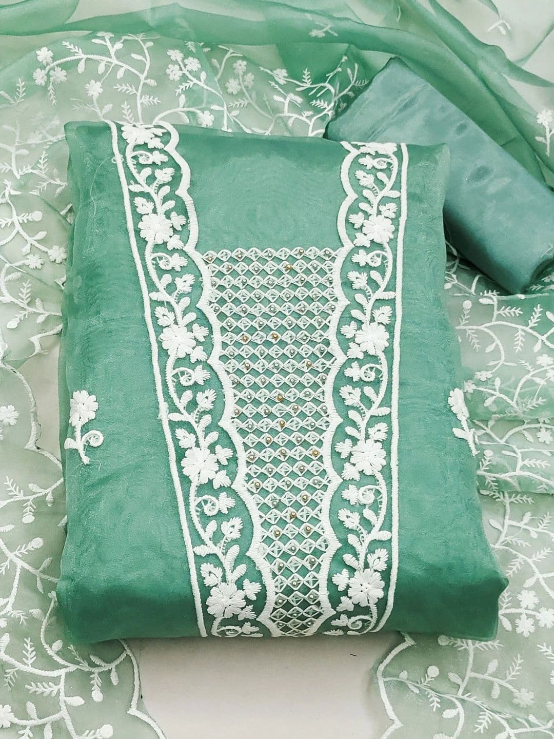 HERE&NOW Embroidered Organza Semi-Stitched Dress Material - view 1