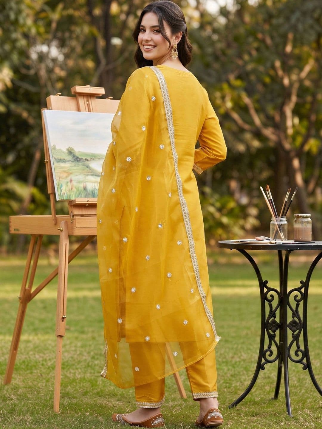 Indo Era Women Ethnic Motifs Embroidered Regular Thread Work Kurta with Trousers & With Dupatta thumbnail 6