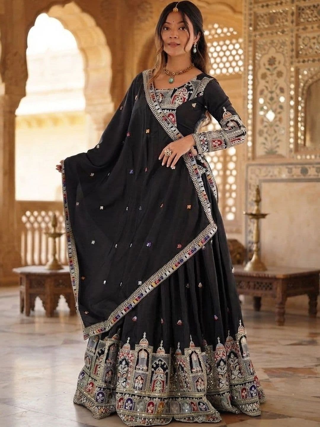 Anouk Embroidered Mirror Work Semi-Stitched Lehenga & Blouse With Dupatta thumbnail 3