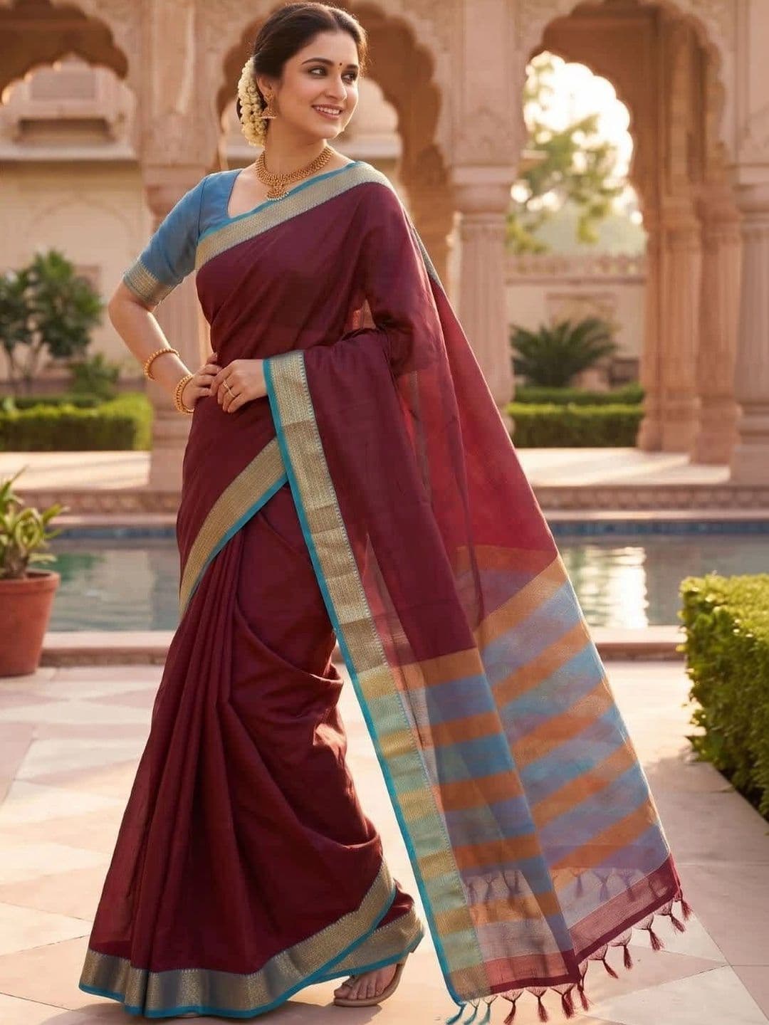 SPEEDY INDIAN Striped Zari Silk Cotton Handloom Chanderi Saree thumbnail 4