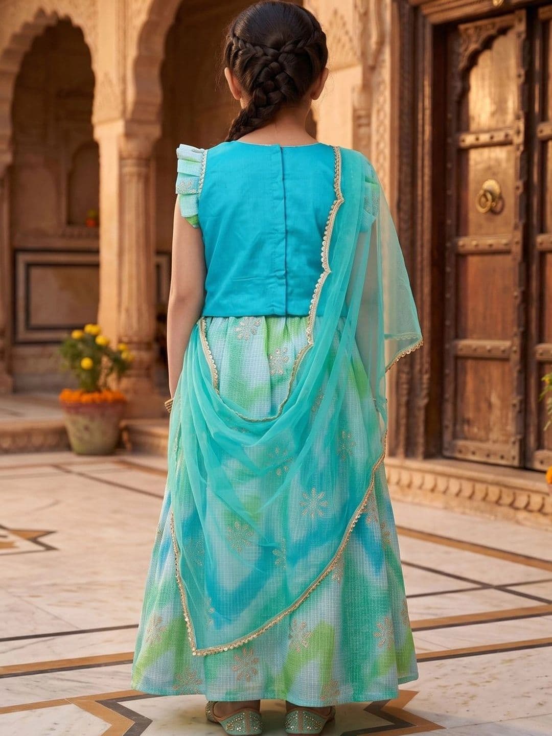 Here&Now X Kinder Kids Girls Embroidered Ready to Wear Lehenga & Blouse With Dupatta thumbnail 7