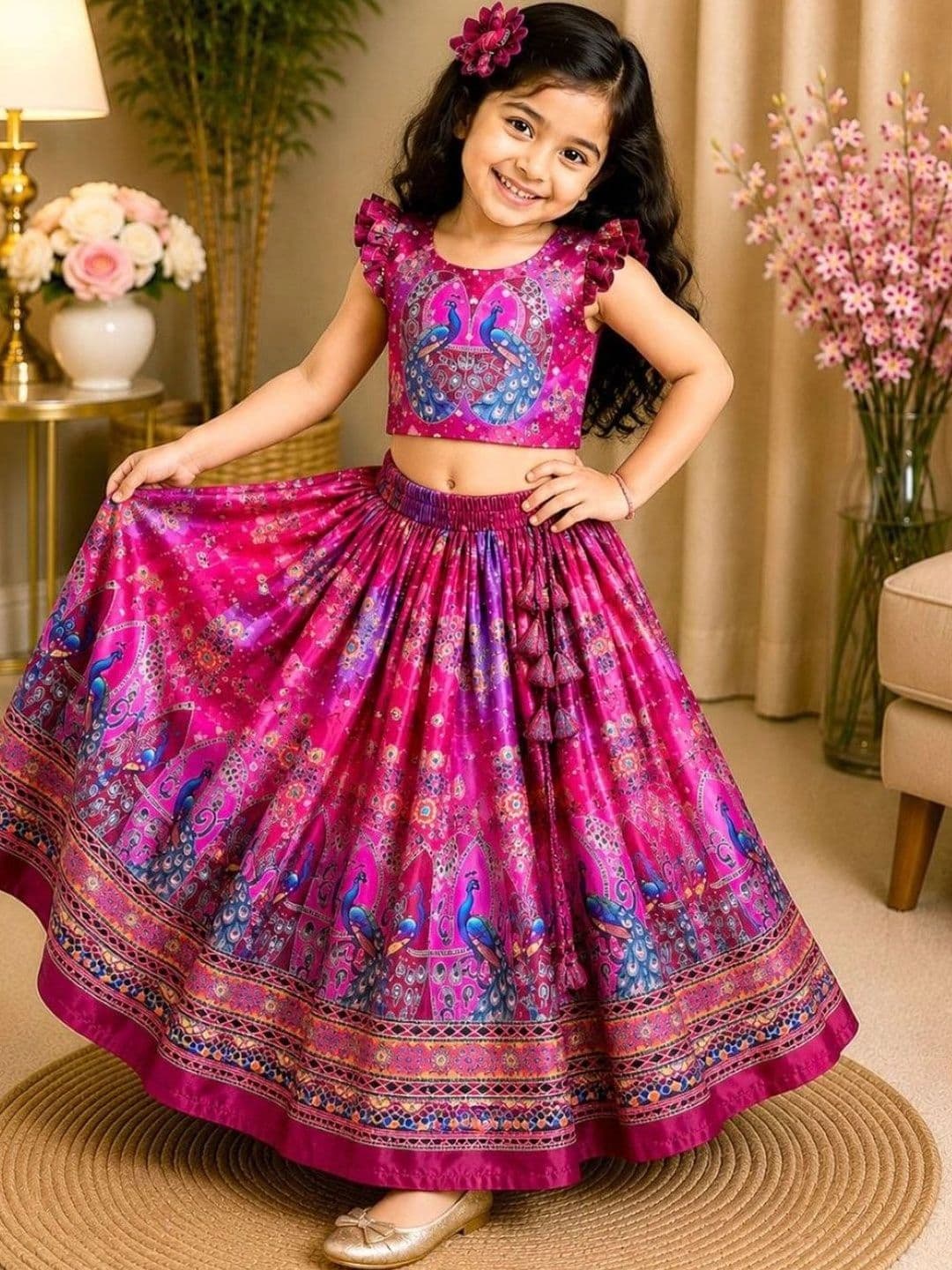 Sangria Girls Printed Mirror Work Ready to Wear Lehenga & Blouse With Dupatta thumbnail 4