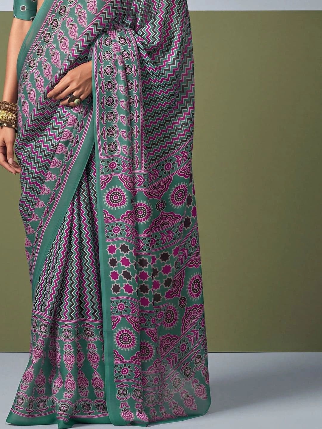 KALINI Floral Satin Designer Block Print Saree thumbnail 2