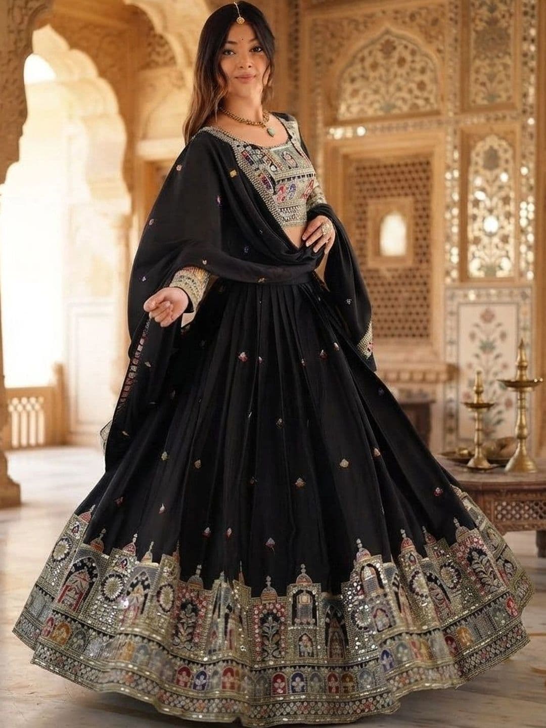 Anouk Embroidered Mirror Work Semi-Stitched Lehenga & Blouse With Dupatta - view 1