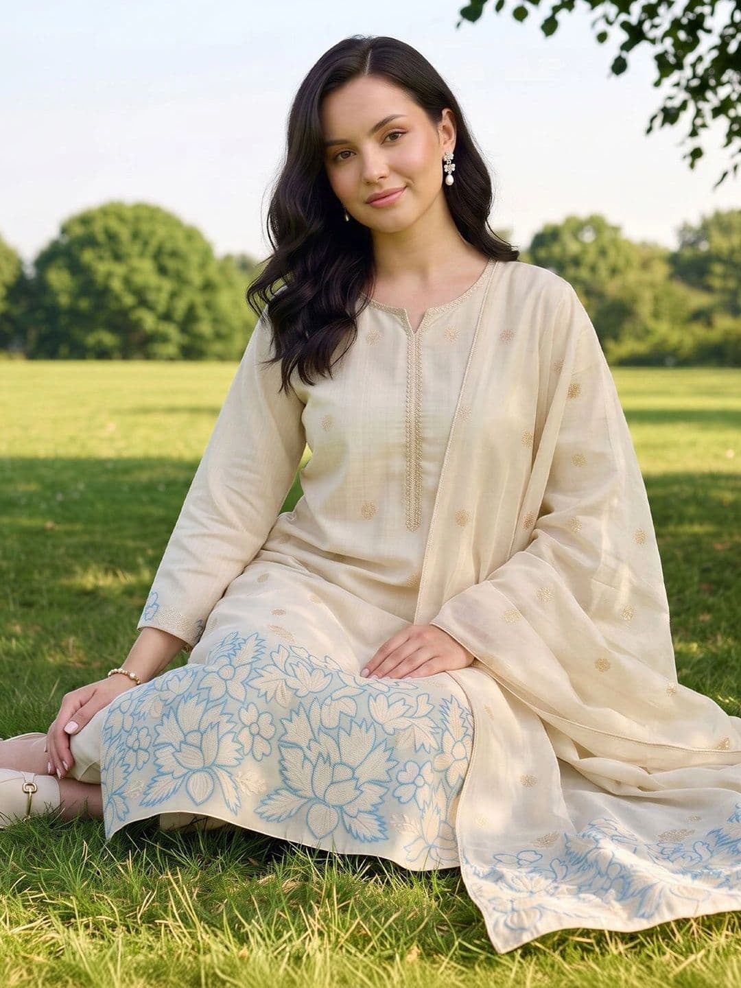 Indo Era Women Ethnic Motifs Embroidered Regular Thread Work Kurta with Trousers & With Dupatta - view 1